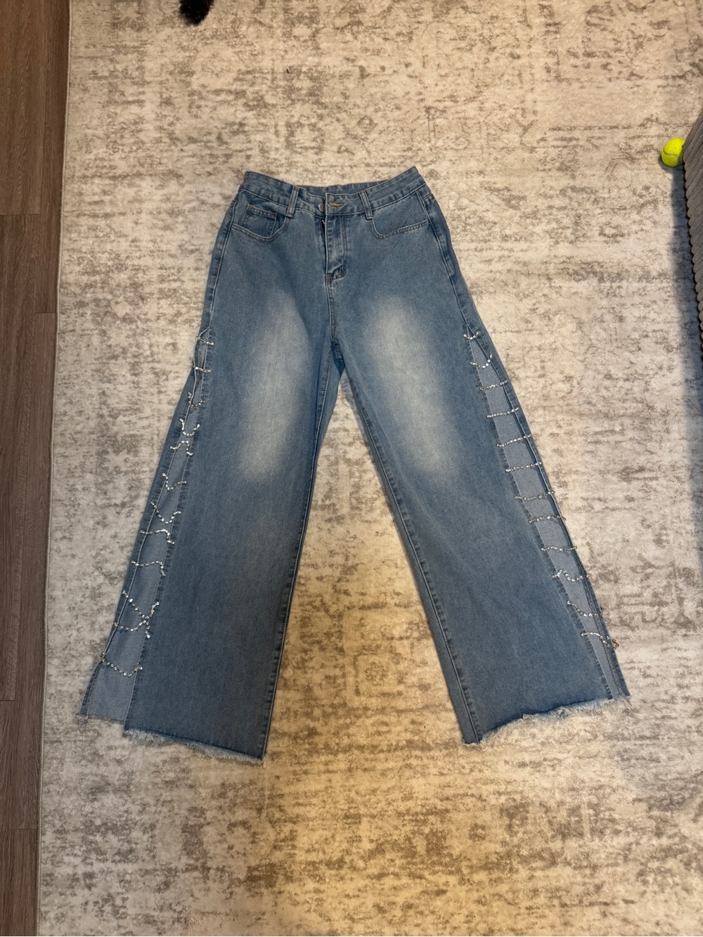Wide Leg Blue Womens Jeans with Side Chain Detail
